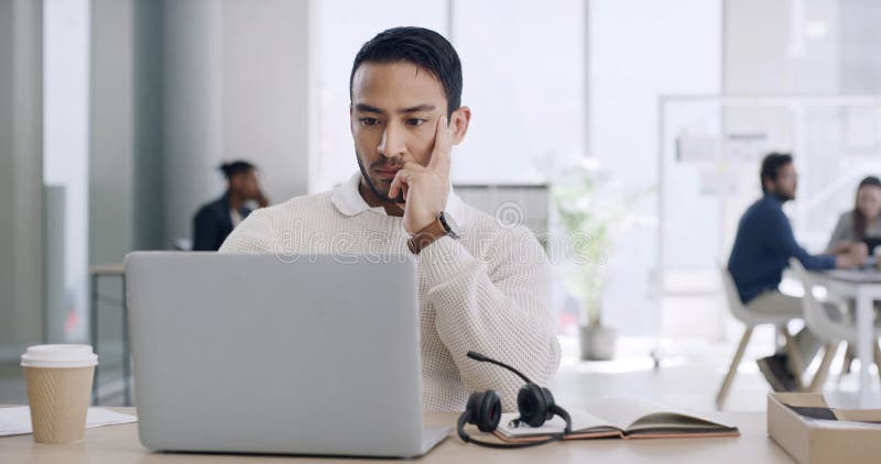 Thinking, call center and man in office with laptop, communication or reading in online help. Telecom, space and royalty free stock photos