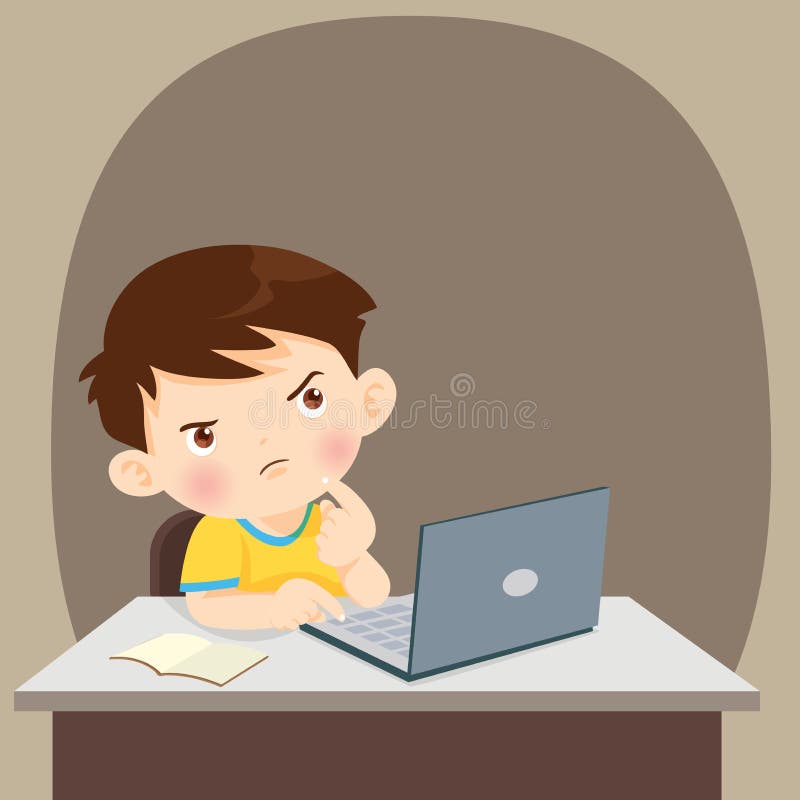 Thinking child students boy thinking with laptop vector illustration