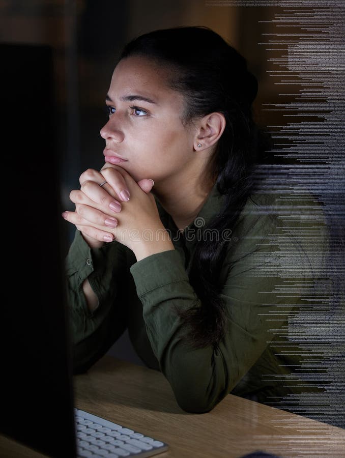 Thinking, digital hologram and woman on computer in office for coding, programming and online data at night. Technology stock image