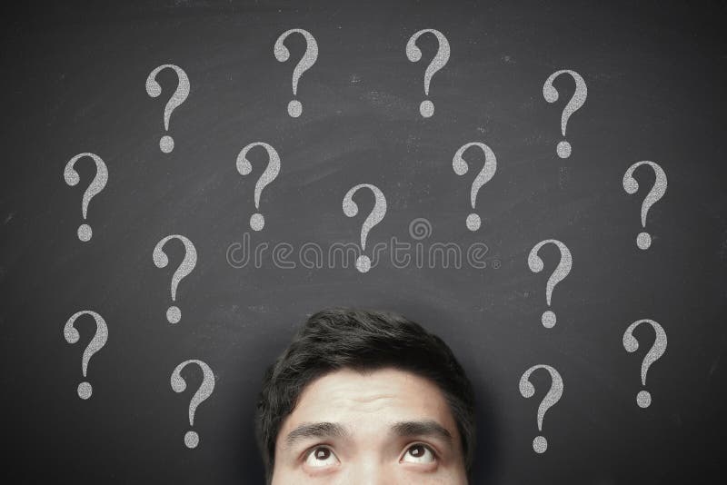 Thinking man with question mark on blackboard