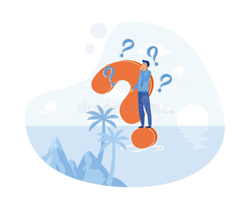Thinking man with question mark. Confused, doubts, curious. stock illustration