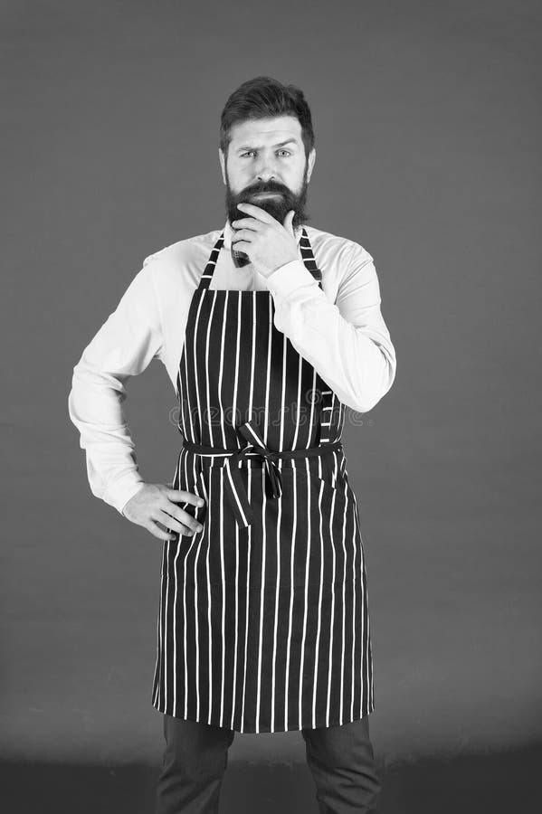 Thinking About New Recipe Elegant Waiter Man Or Bartender Bearded Man Wearing Bib Apron Stock 