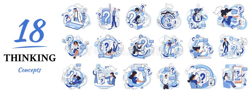 Problem solving concept, man wondering or thinking, planning or pondering, with question mark stock illustration