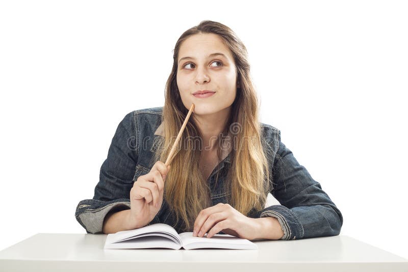Thinking student girl on isolated background stock photo