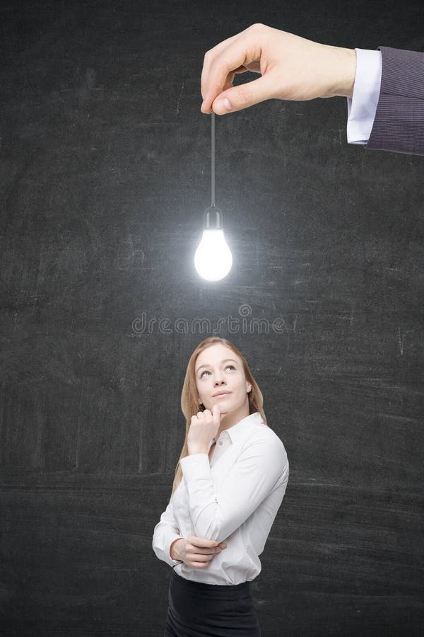 Thinking woman and a man with a light bulb