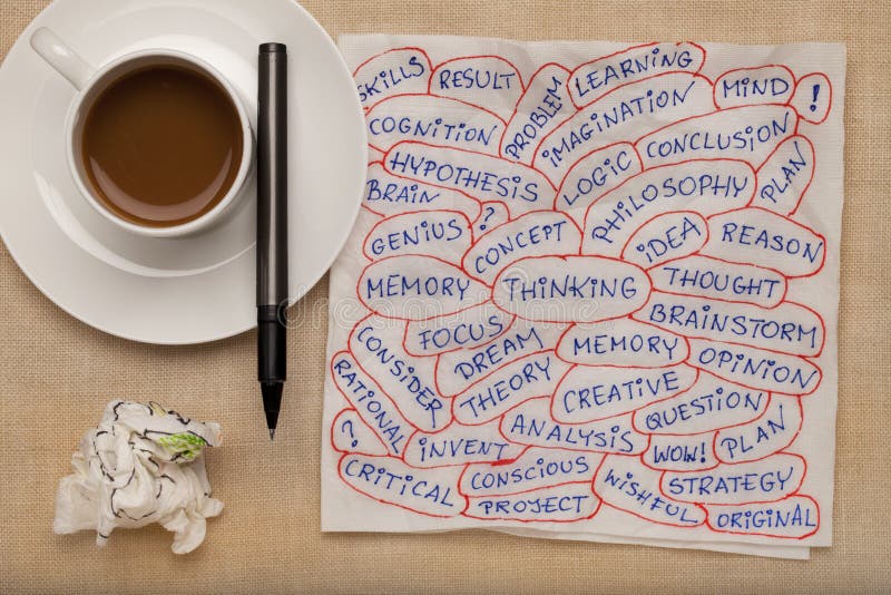 Thinking word collage on napkin stock photos