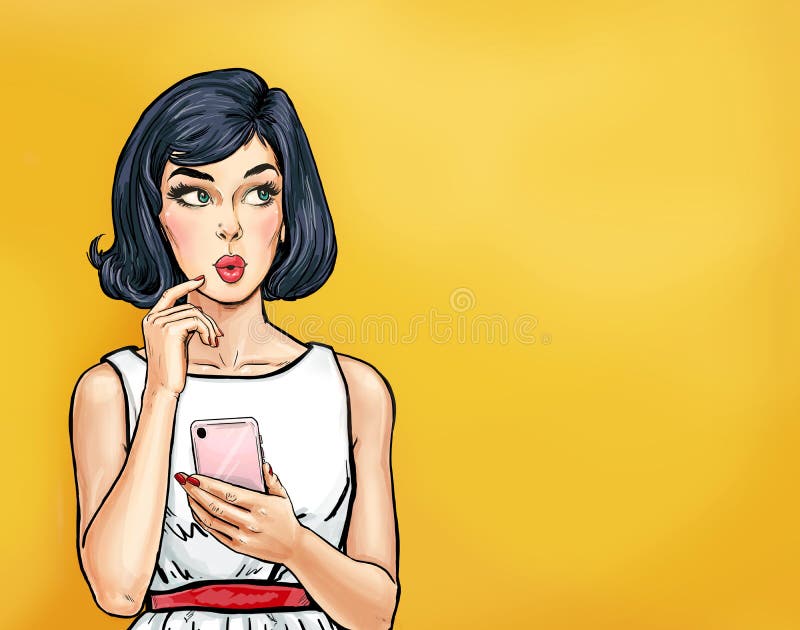 Thinking young sexy woman  looking up on empty space  with smartphone.Pop Art girl is thought and holding hand near the face