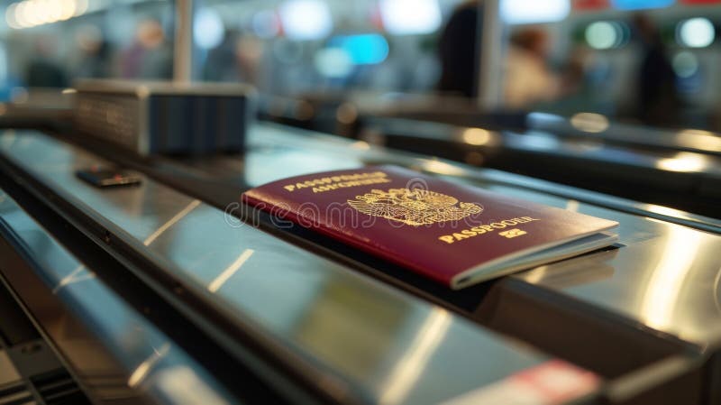The third image focuses on a closeup view of a passport being scanned by a machine at the ID validation station. The stock images