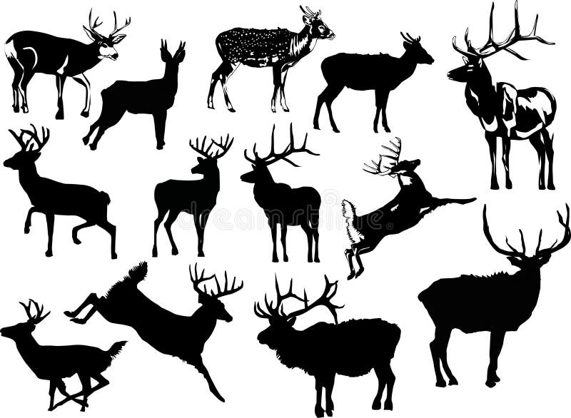 Ilustrace s deer siluety izolovaných na bílém pozadí.