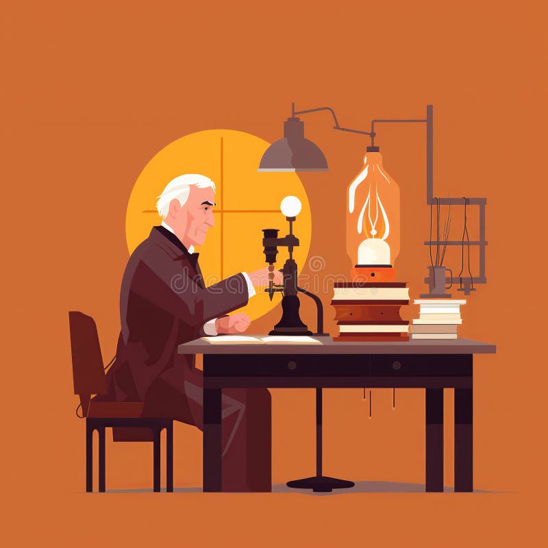 Thomas Edison Flat Illustration Inventing Light Bulb in Lab, Second