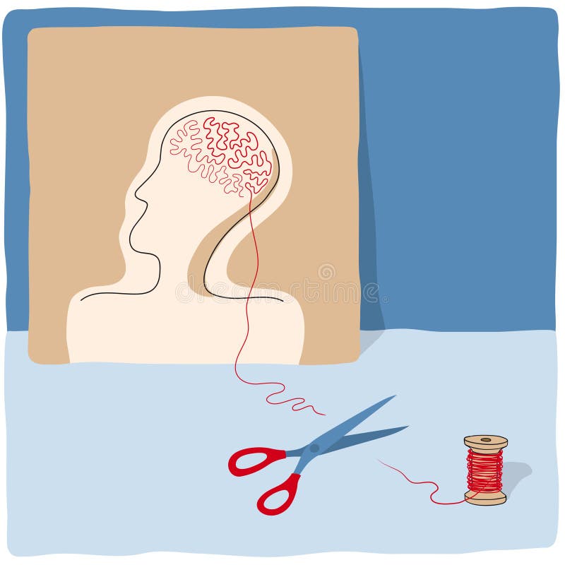 Illustration with stylized head of a man. Brain disconnect vectors