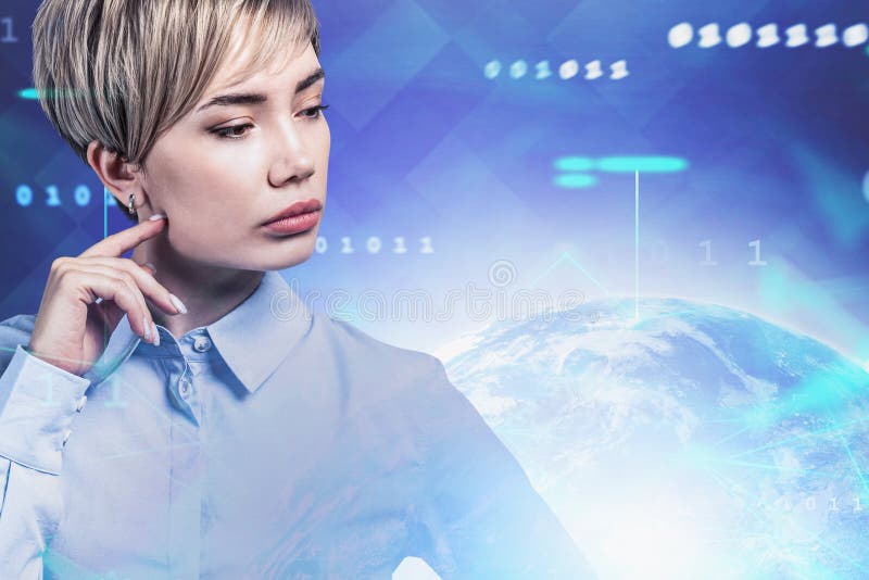 Thoughtful Asian businesswoman, global network stock image Thoughtful Asian businesswoman, global network stock image
