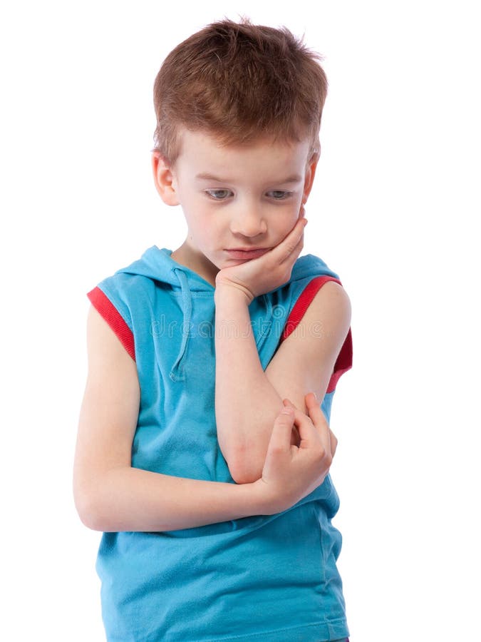 Thoughtful Boy in Blue Shirt Stock Photo Image of white, concentrated