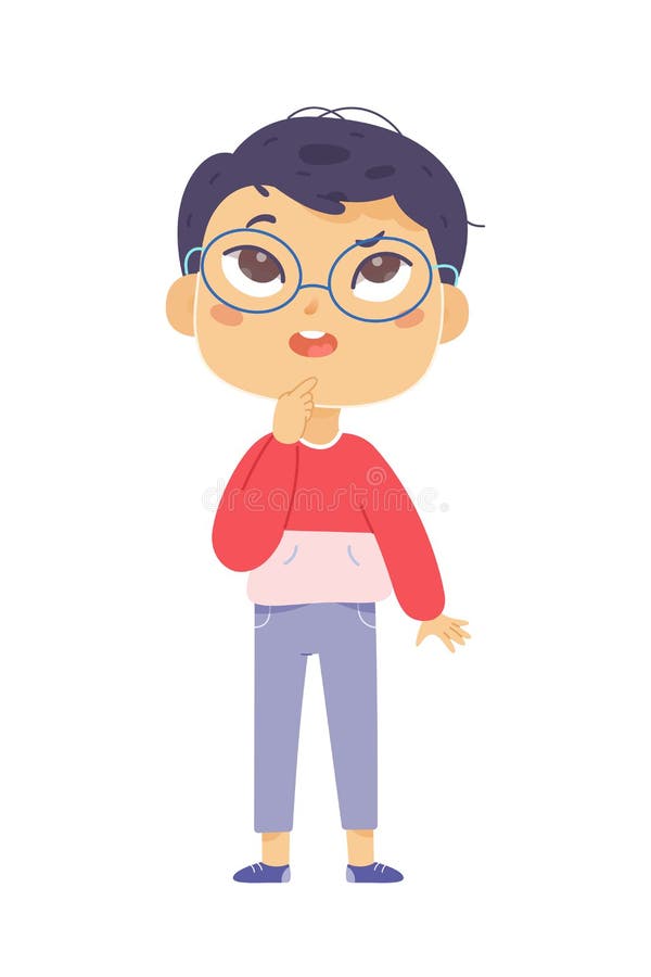 Thoughtful boy in doubt with difficulty and question, kid with glasses standing, thinking royalty free illustration
