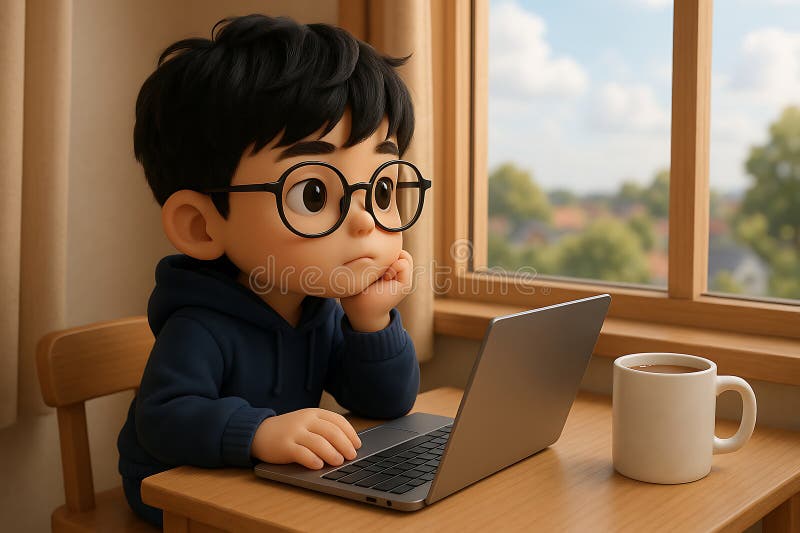 A thoughtful boy with glasses sits at a desk, looking out the window while sipping coffee and using a laptop vector illustration