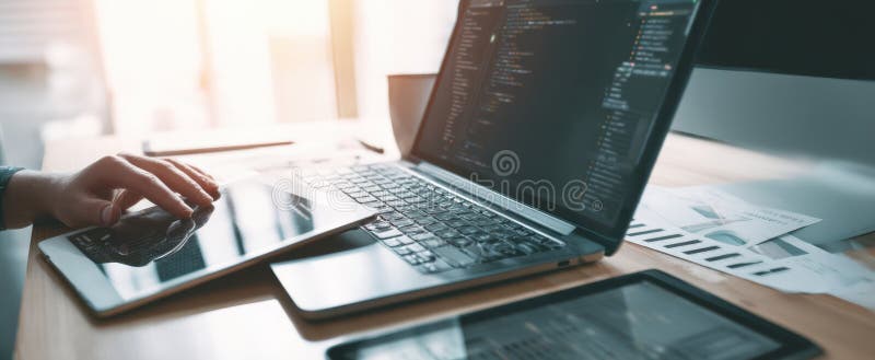 The thoughtful developer analyzing code on a sleek laptop in a modern workspace.. image stock photography.