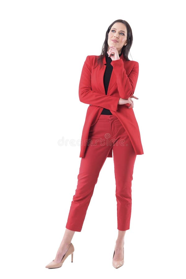 Thoughtful elegant business woman in red suit looking up thinking having idea. royalty free stock images Thoughtful elegant business woman in red suit looking up thinking having idea. royalty free stock images