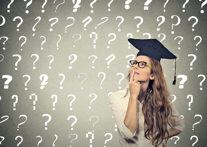 Thoughtful graduate student woman with many question marks above head