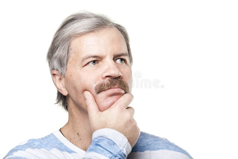 Thoughtful mature caucasian man isolated on white royalty free stock image
