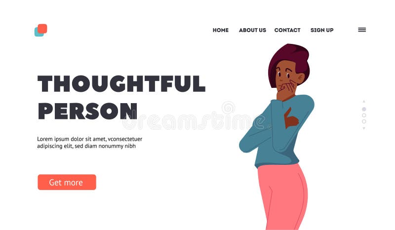 Thoughtful Person Landing Page Template. Doubts and Confusion Concept with Confused Female Character Thinking stock illustration
