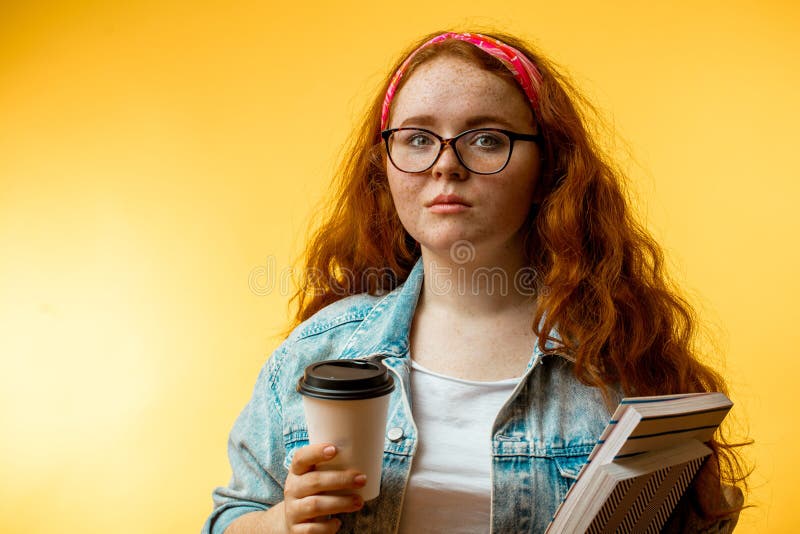 Portrait Of Funny Cheerful Redhead Girl Wearing Big Pink Glasses Stock 