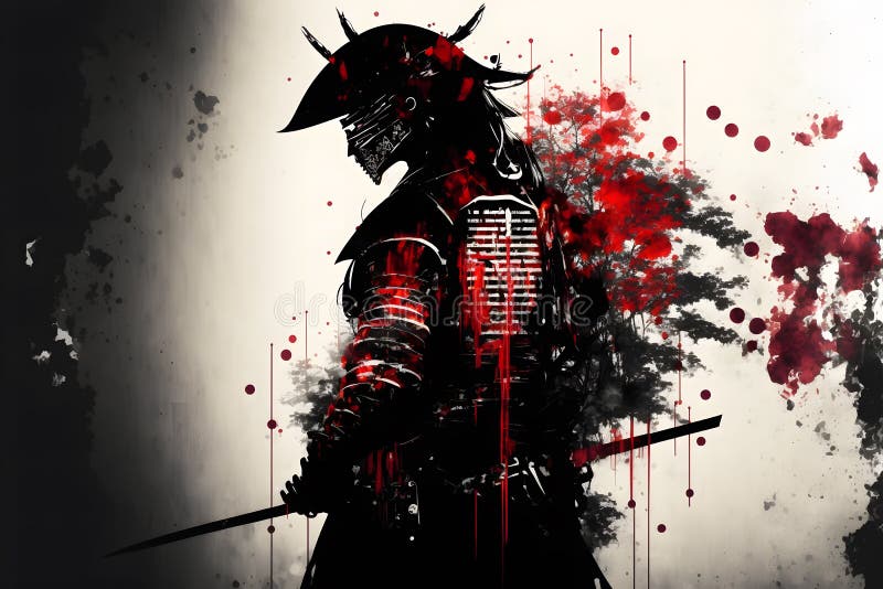 A Thoughtful Samurai in Armor Stands in Profile Against the Abstract ...