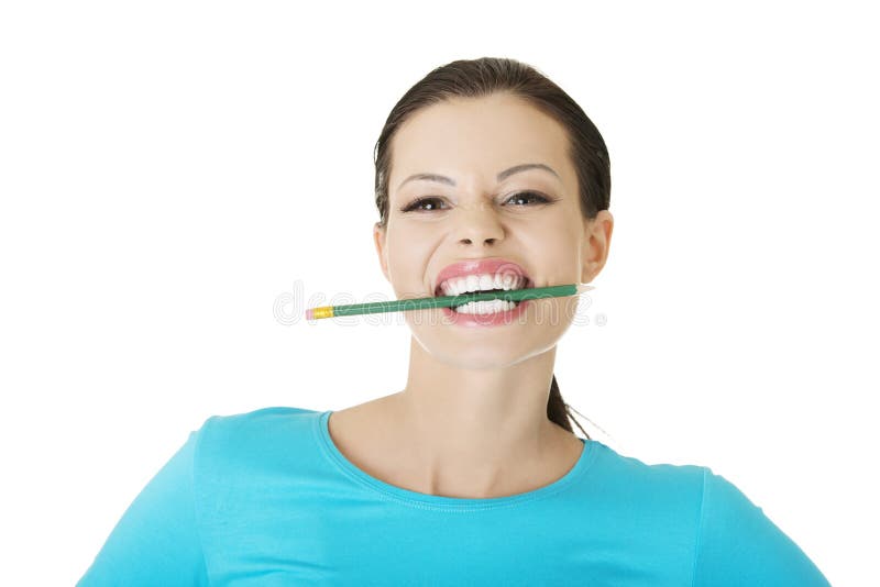 Thoughtful Woman Biting Pencil Royalty Free Stock Image Image 28203636