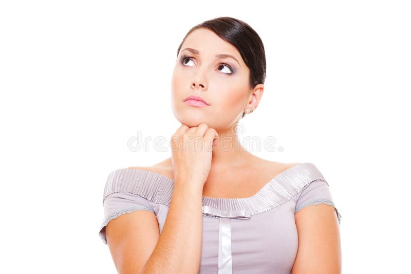 Portrait of thoughtful woman looking up. isolated on white background