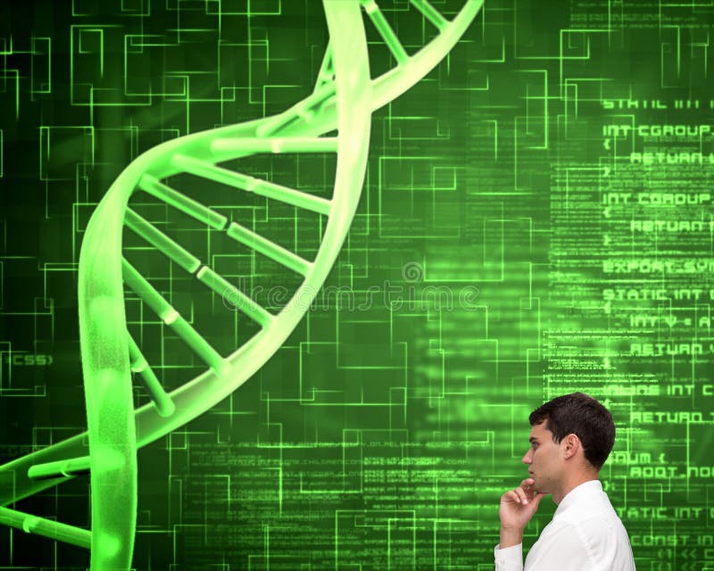 Composite image of thoughtful young businessman looking at dna spiral on green matrix background