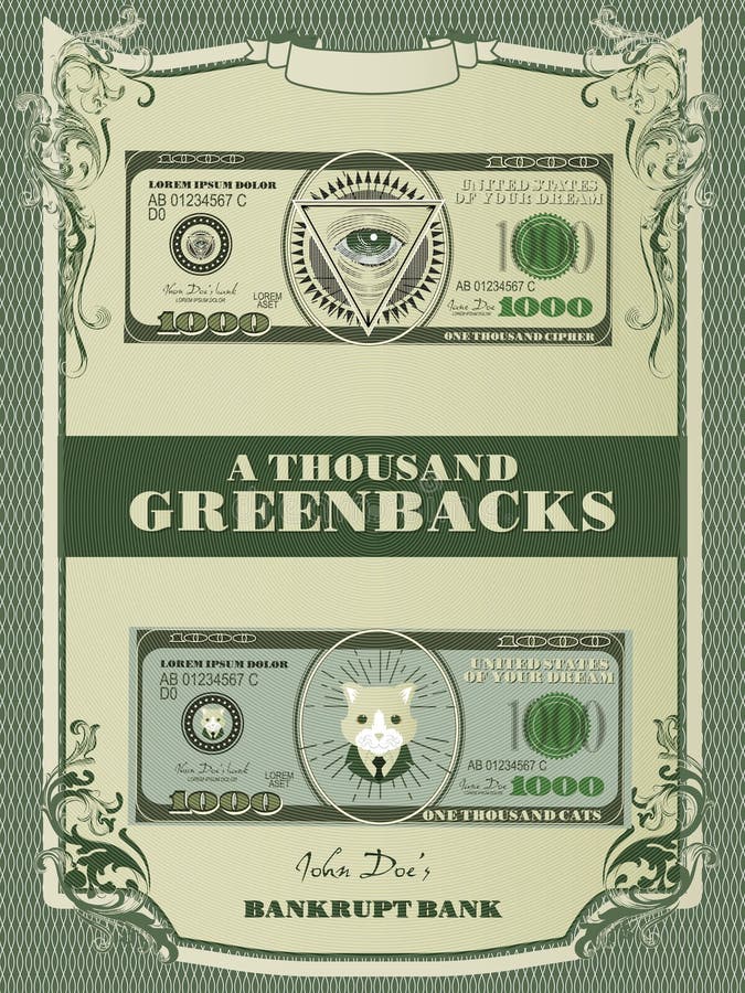 A thousand greenbacks. Similar to dollar set of bills. Masonic Freemasonry Emblem, cat`s Logo, geometric frame.