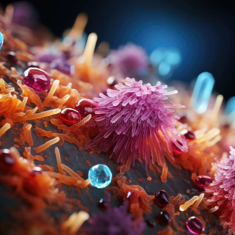Fire de ciuperci și bacterii la microscop. microbi și microfloră intestinală. ai generativ stock illustration