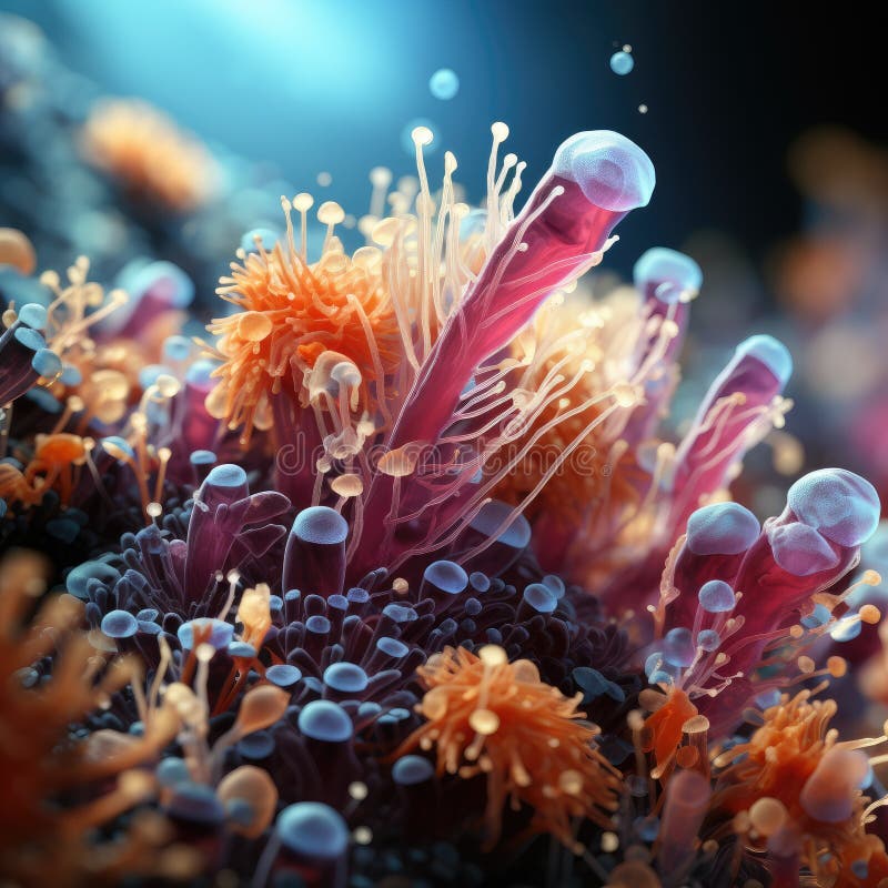 Fire de ciuperci și bacterii la microscop. microbi și microfloră intestinală. ai generativ vector illustration