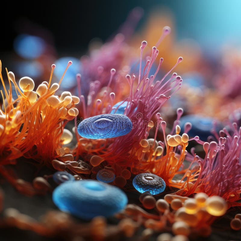 Fire de ciuperci și bacterii la microscop. microbi și microfloră intestinală. ai generativ stock illustration