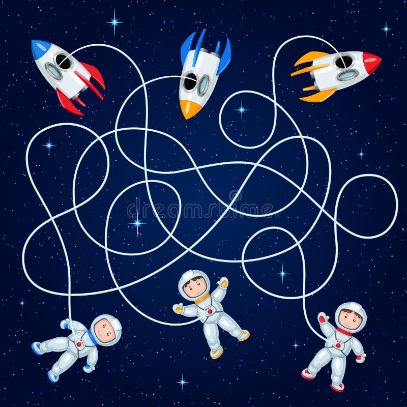 Three astronauts are floating in open space near their missiles. Guess where`s the ship? vector illustration Three astronauts are floating in open space near their missiles. Guess where`s the ship? vector illustration
