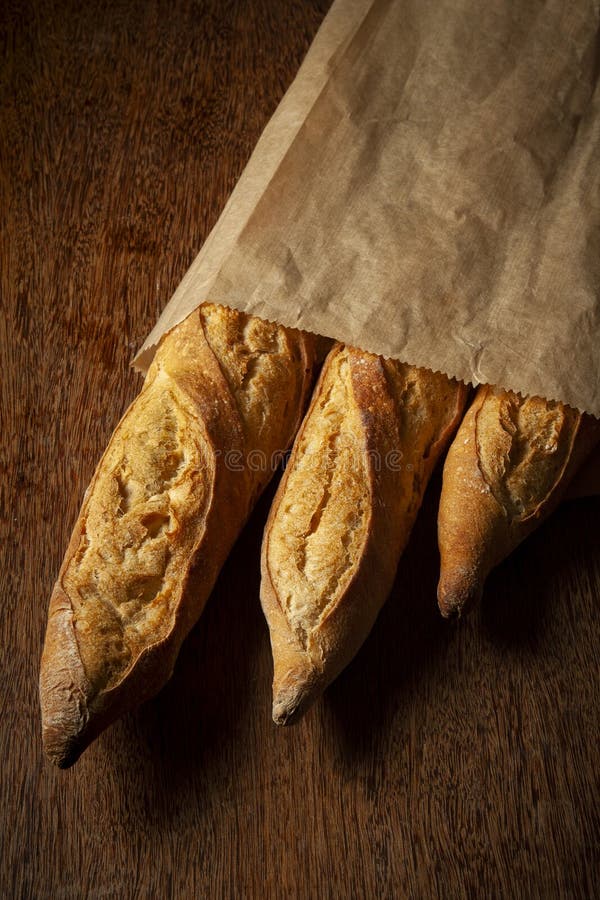 Three Baguettes On A White Plate On A Light Background. Stock