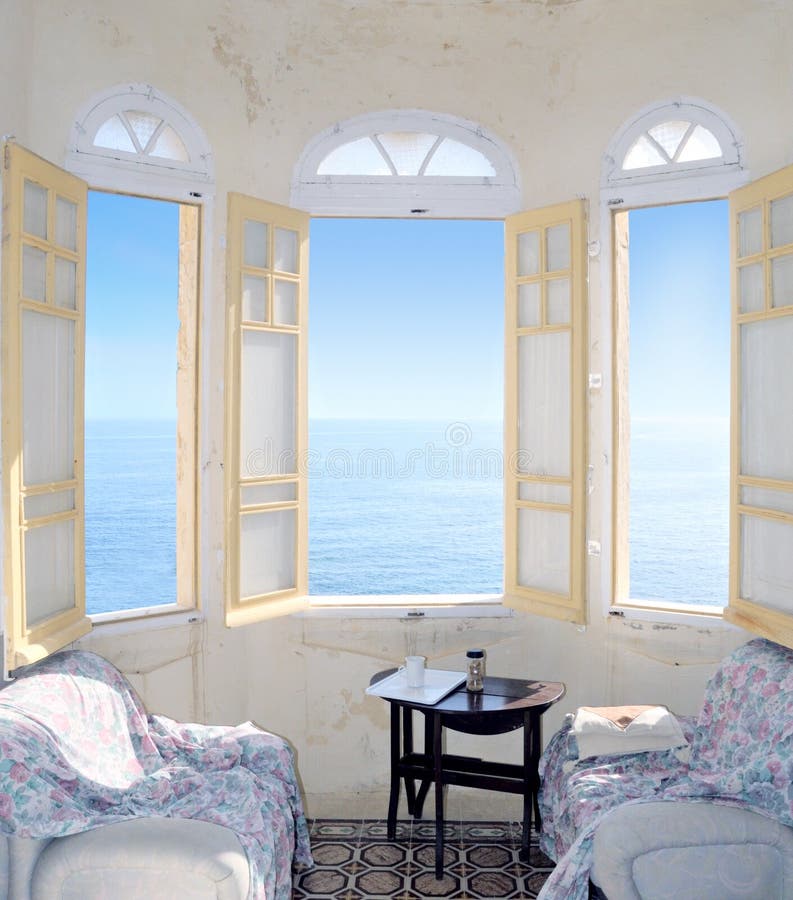 Three Bay Windows Overlooking the Sea. Malta Stock Image Image of