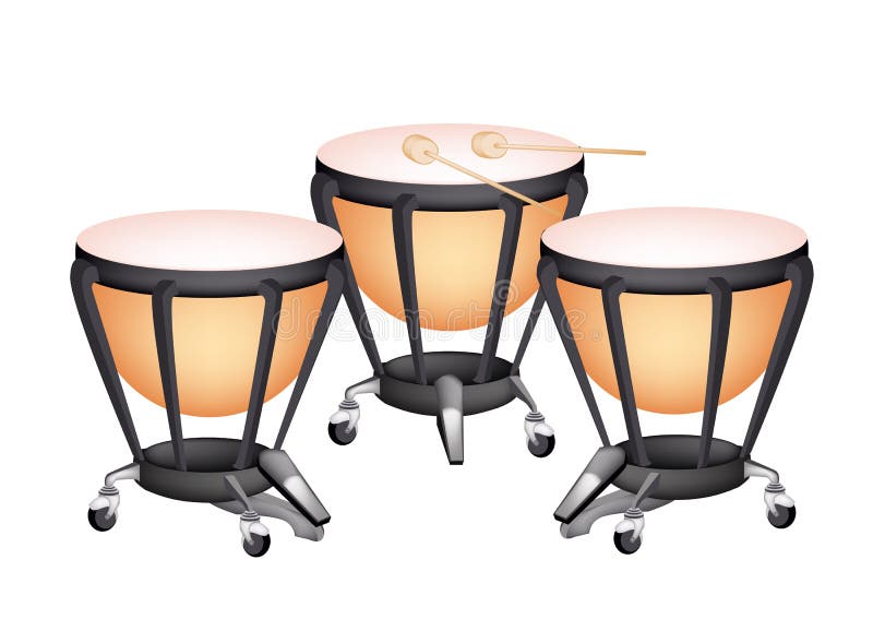 Music Instrument, An Illustration of Three Retro Style Classical Timpani or Kettle Drum on White Background. Music Instrument, An Illustration of Three Retro Style Classical Timpani or Kettle Drum on White Background