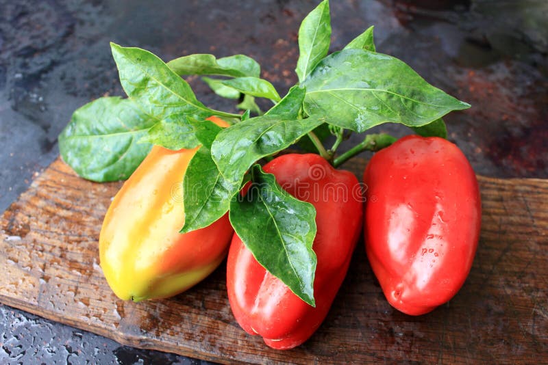 Three bell peppers on wooden background