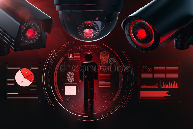 Three big cctv`s gathering and checking personal data as a metaphor of artificial intelligence driven surveillance software and vector illustration Three big cctv`s gathering and checking personal data as a metaphor of artificial intelligence driven surveillance software and vector illustration