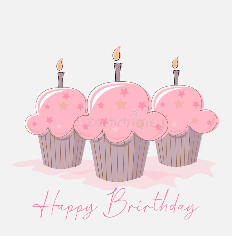 Three Birthday Cup Cakes with Candles and Happy Birthday Text Vector