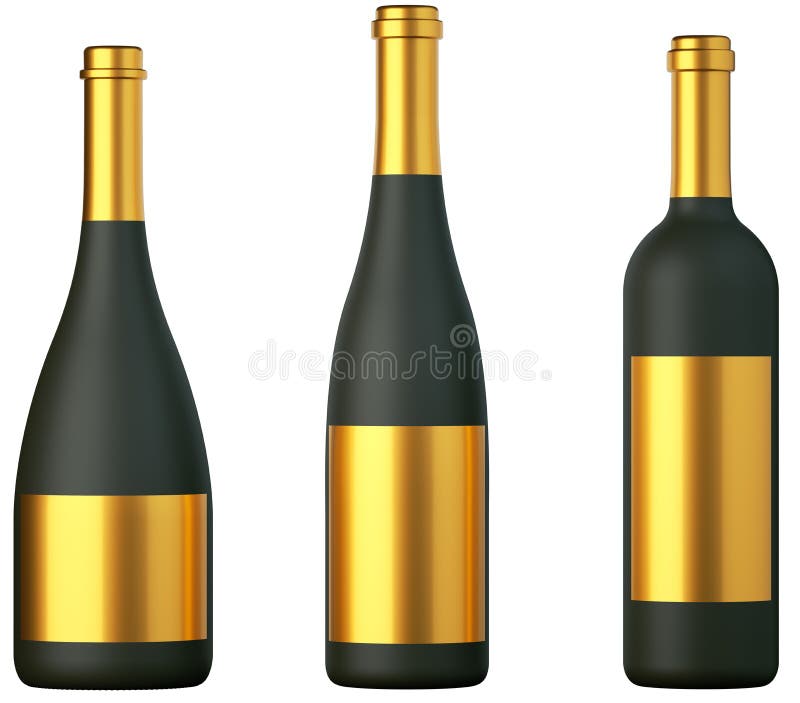 Three black bottles for wine with golden labels isolated
