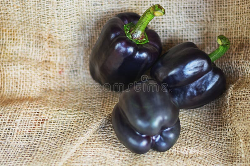 Black Paprika on Light Background. Food Ingredients. Whole and Halves