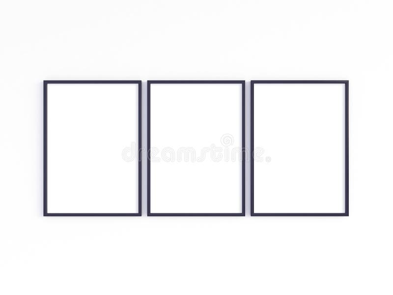 Three A4 Black Photo Frames with Vertical Orientation. 3D Illustration