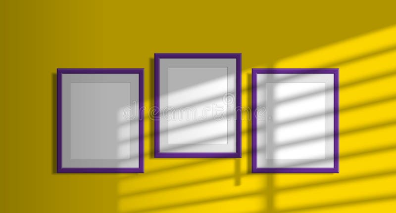 Three blank picture frames hanging on the yellow wall window light blinds shadow overlay effect mock up stock illustration.