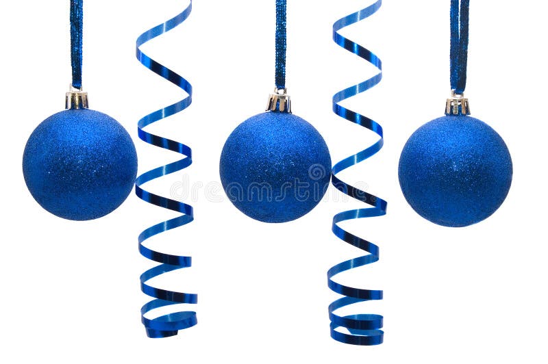 Three blue christmas balls with curly ribbon
