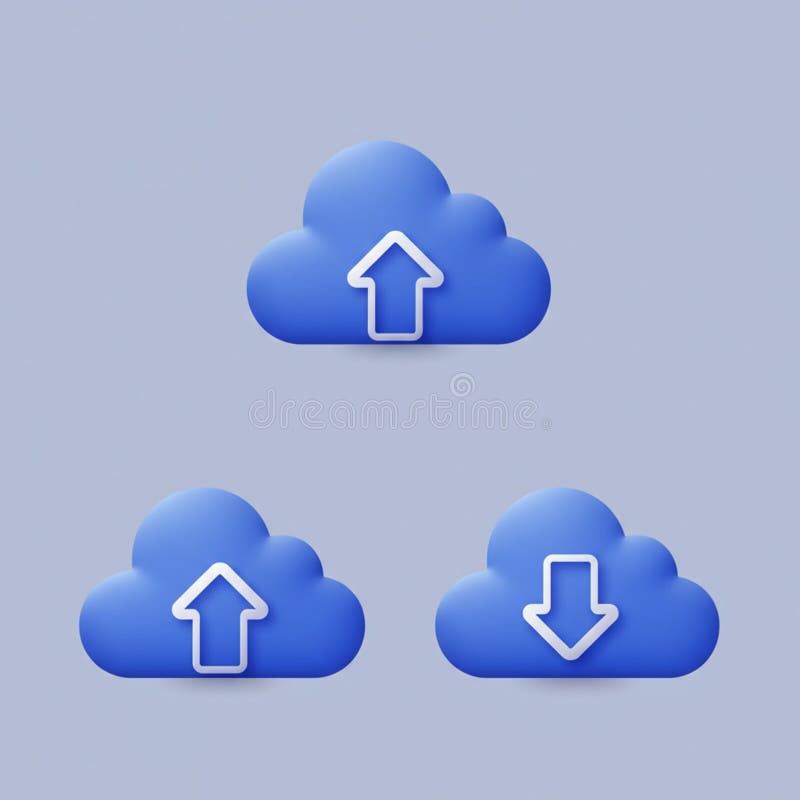 Three blue cloud icons are displayed against a light gray background. Two icons royalty free illustration
