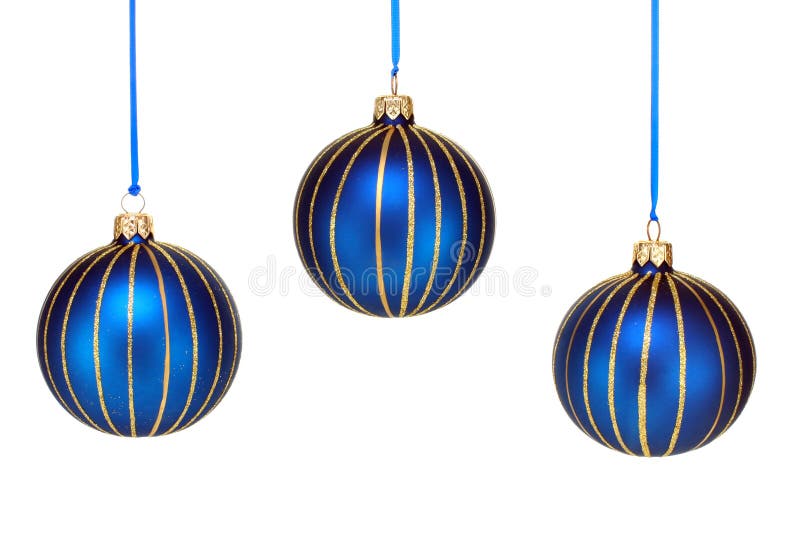 Three Blue and Gold Christmas Ornaments on White