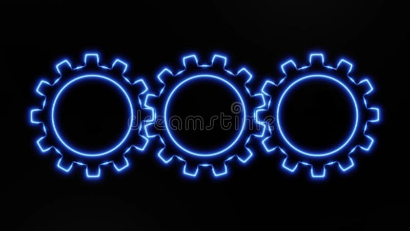 Three Blue Neon Interlocking Gears Spinning in Futuristic Abstract Loop Motion royalty free illustration