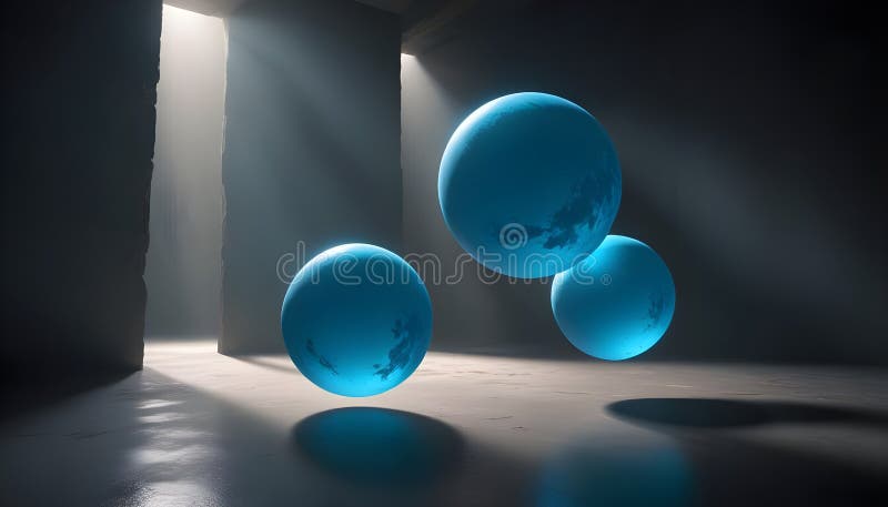 Trei sfere albastre care par să plutească într-un spațiu întunecat gol cu o singură sursă luminoasă care le iluminează. vector illustration