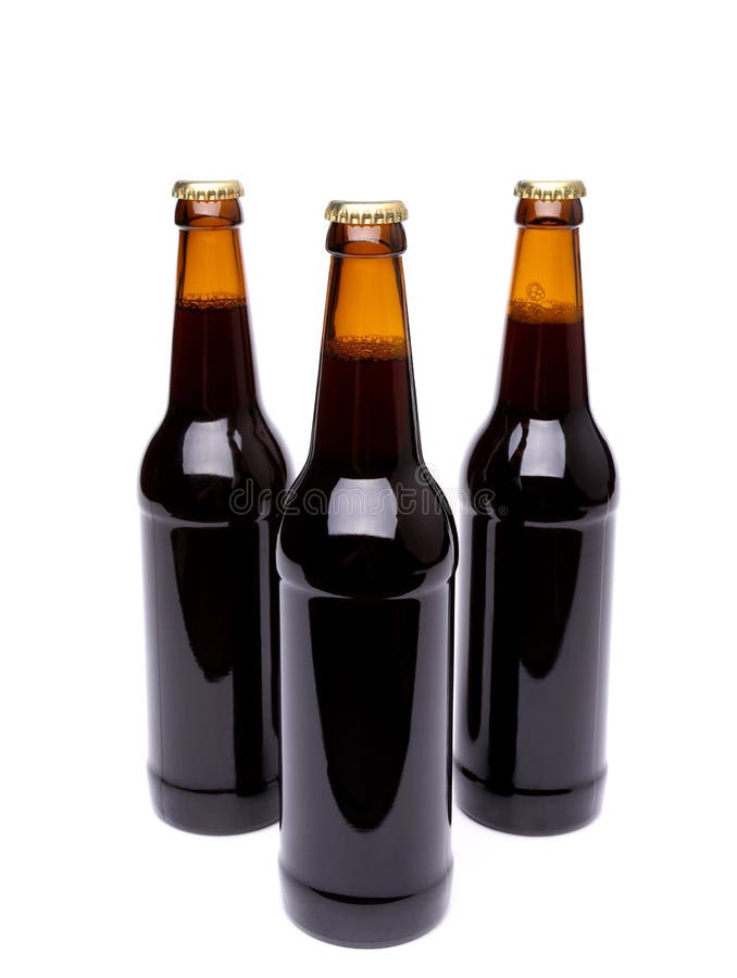 Three bottles of beer on white background.